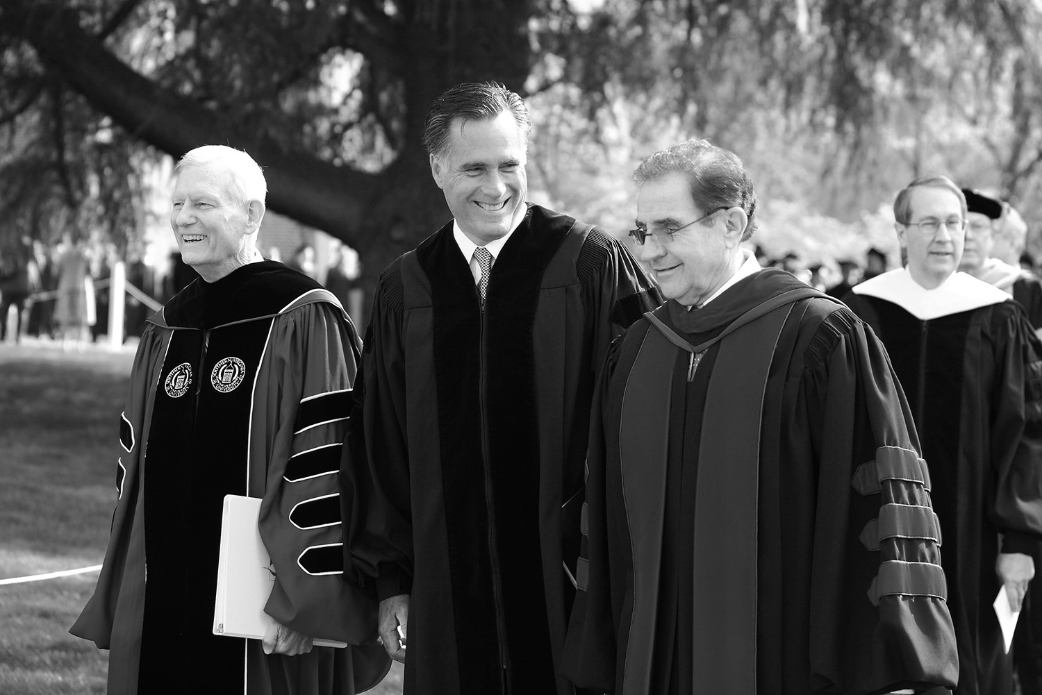 Governor Mitt Romney walking with President Wilcox and