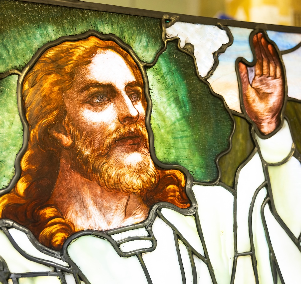Stained glass image of Christ.