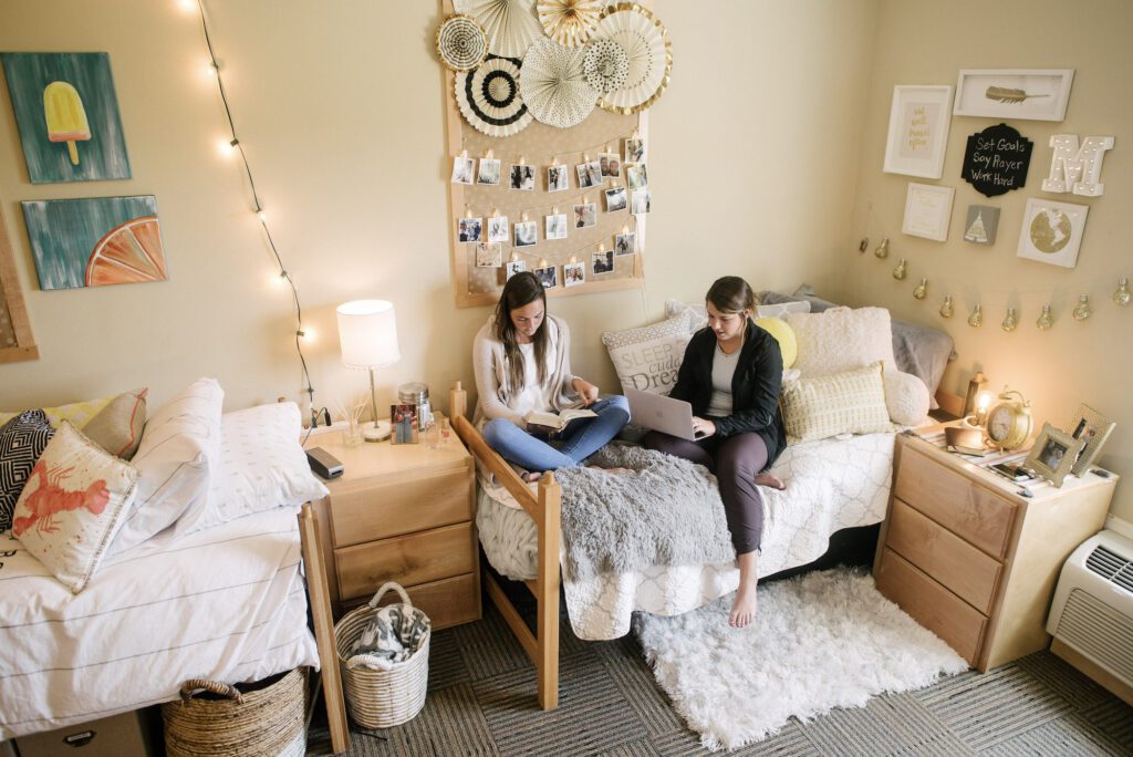 Two students in lofts dorm room