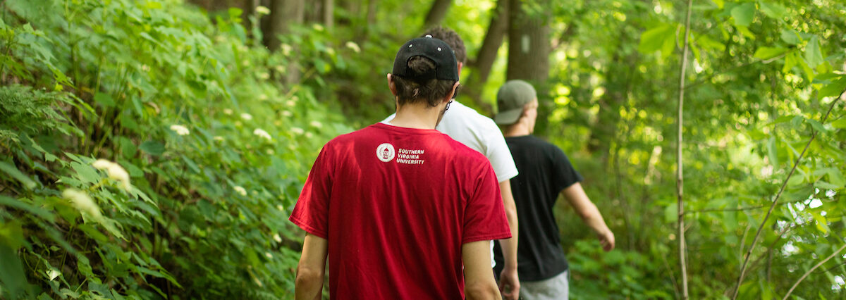 Students hike along a trail in a forest