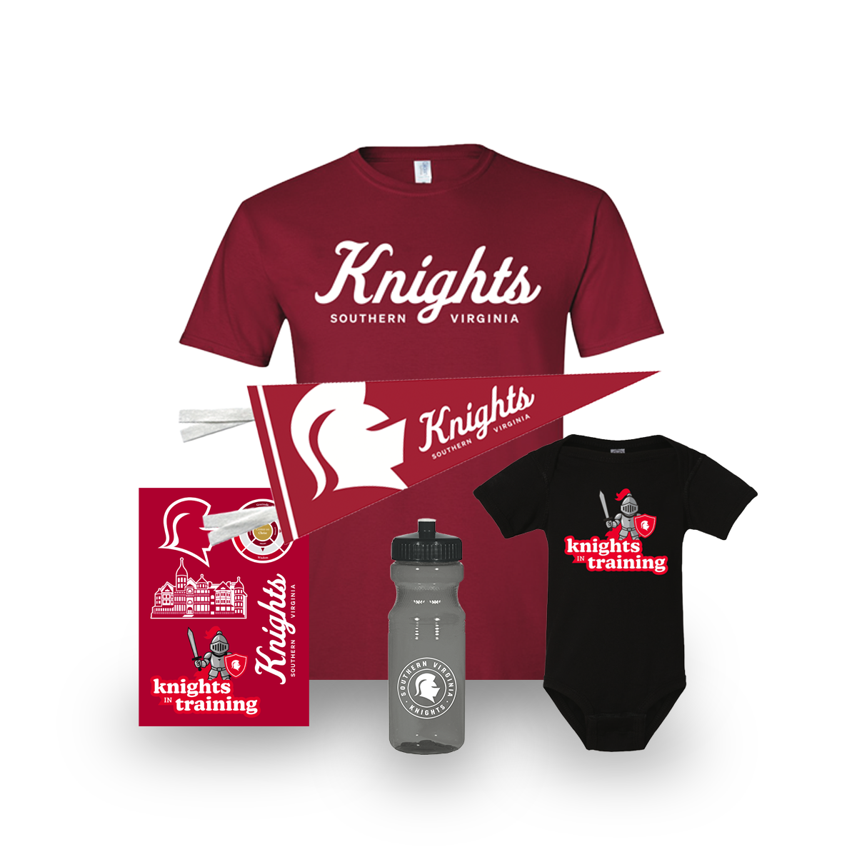 Knights In Training welcome box — shirt, pennant, water bottle, and sticker sheet.